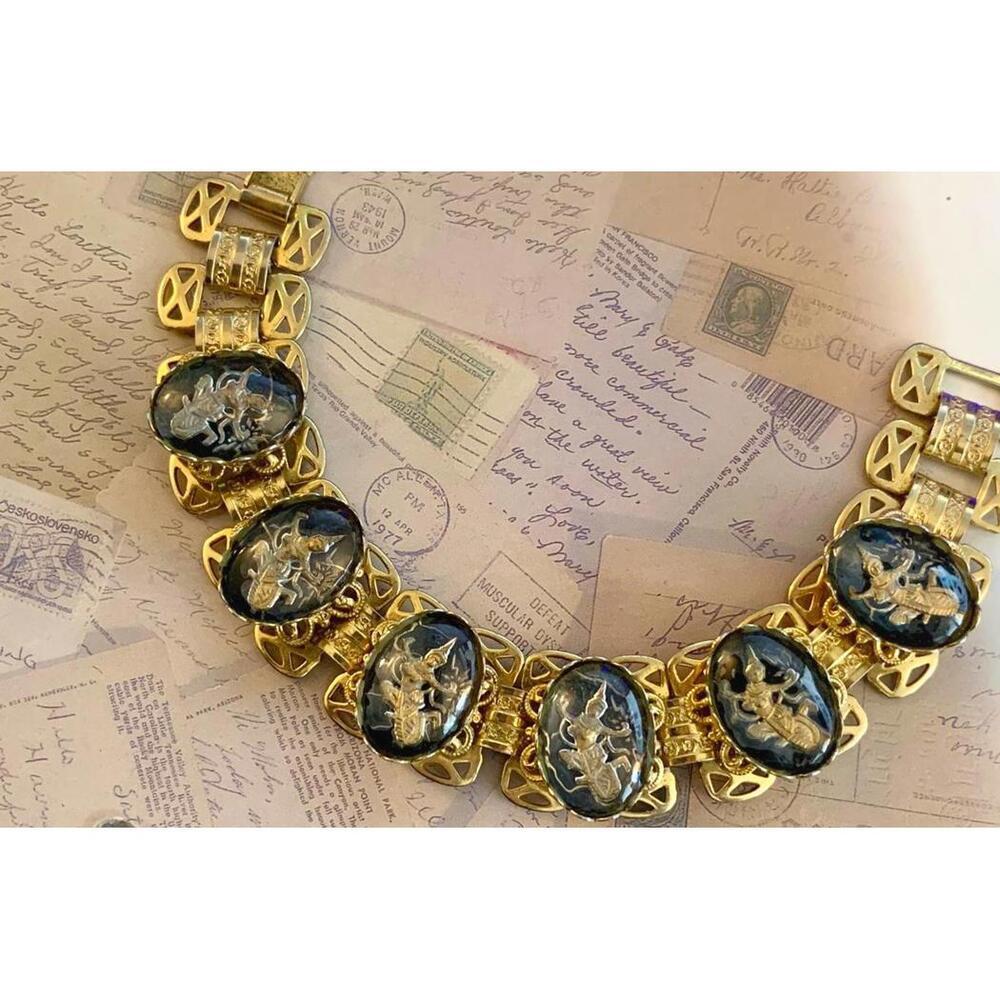 Vintage Black & Gold-Finish Thai Dancer Link Bracelet -Intaglio Cabochon Jewelry